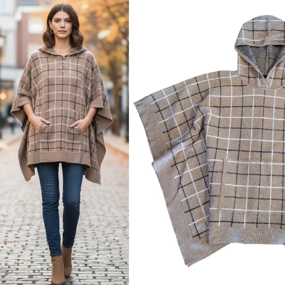 Tahari Beige Plaid Hooded Poncho Cape With Kangaroo Pocket One Size